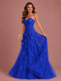 Blush Pink Strapless Sweetheart 3D Floral Tulle Ball Gown Prom Dres