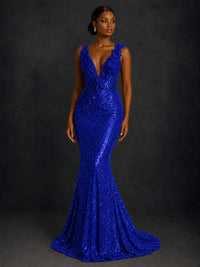 Gold Sequin Floral Applique Mermaid Prom Dress