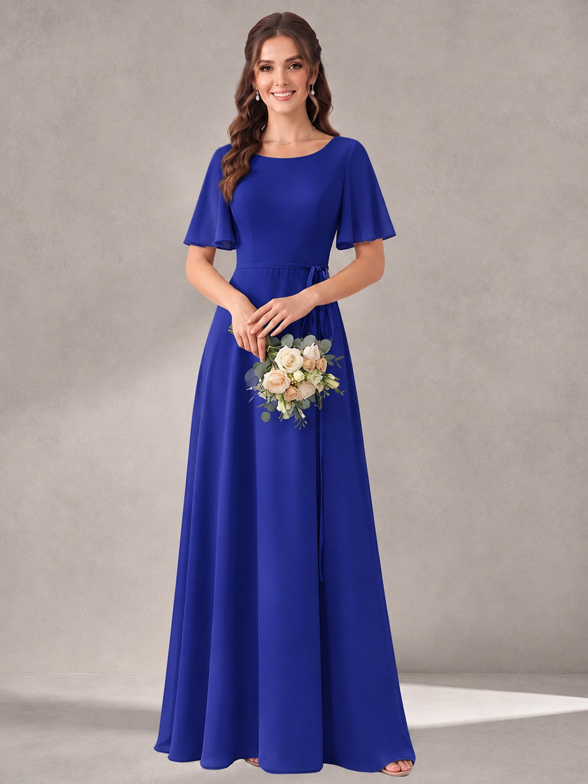 Scoop Neck A-line Chiffon Bridesmaid Dress with Flutter Sleeve & Belt
