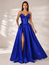 Strapless Corset Satin Prom Dress Long Evening Gown with High Slit