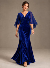 Navy Blue Velvet V Neck Mermaid Formal Dress with Flutter Cape Sleeves