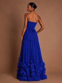 Strapless Pleated Floral Satin Formal Dress with Side Slit