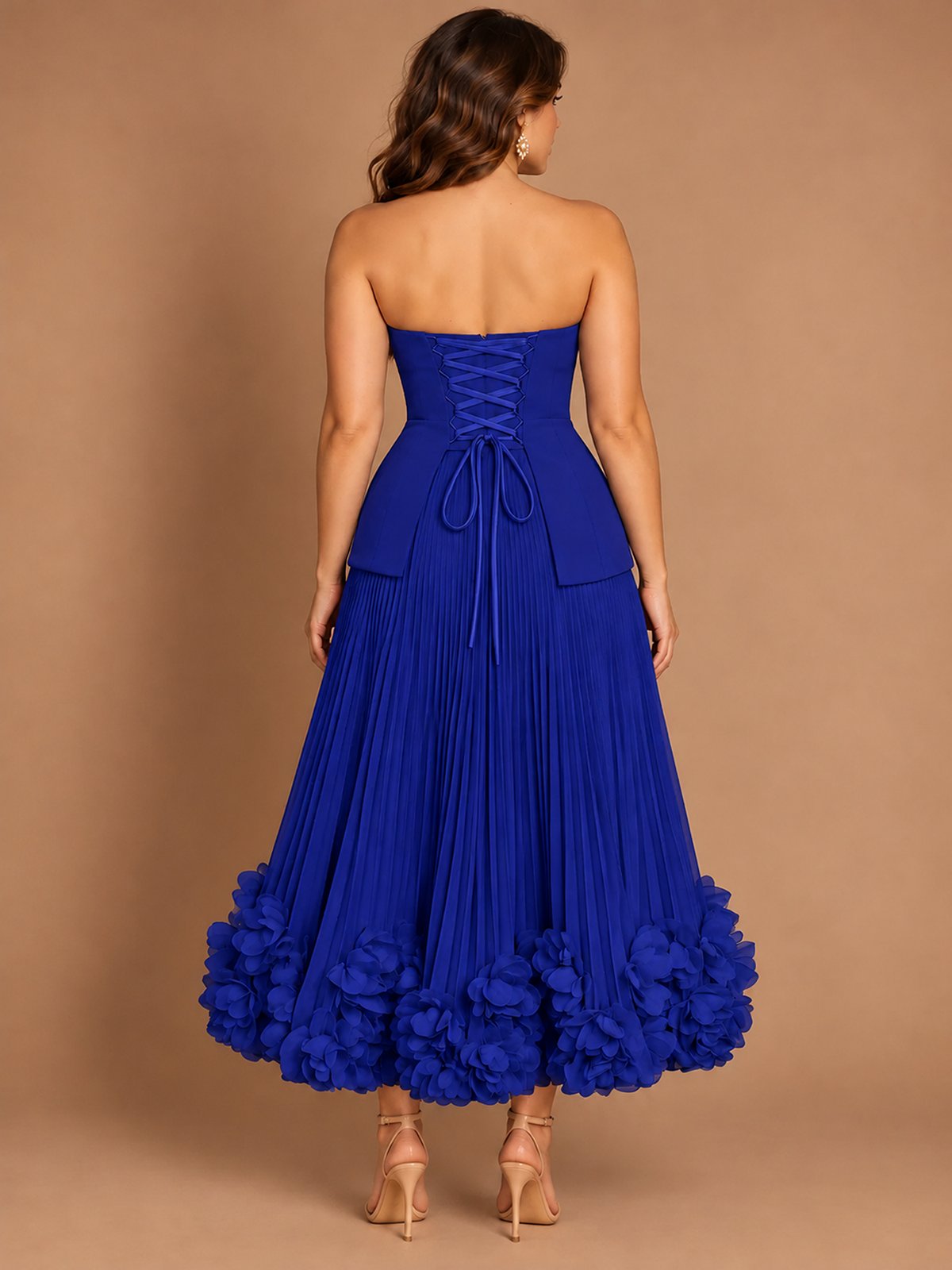 Navy Blue Strapless Pleated A-Line Midi Dress with 3D Floral Applique