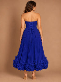 Navy Blue Strapless Pleated A-Line Midi Dress with 3D Floral Applique