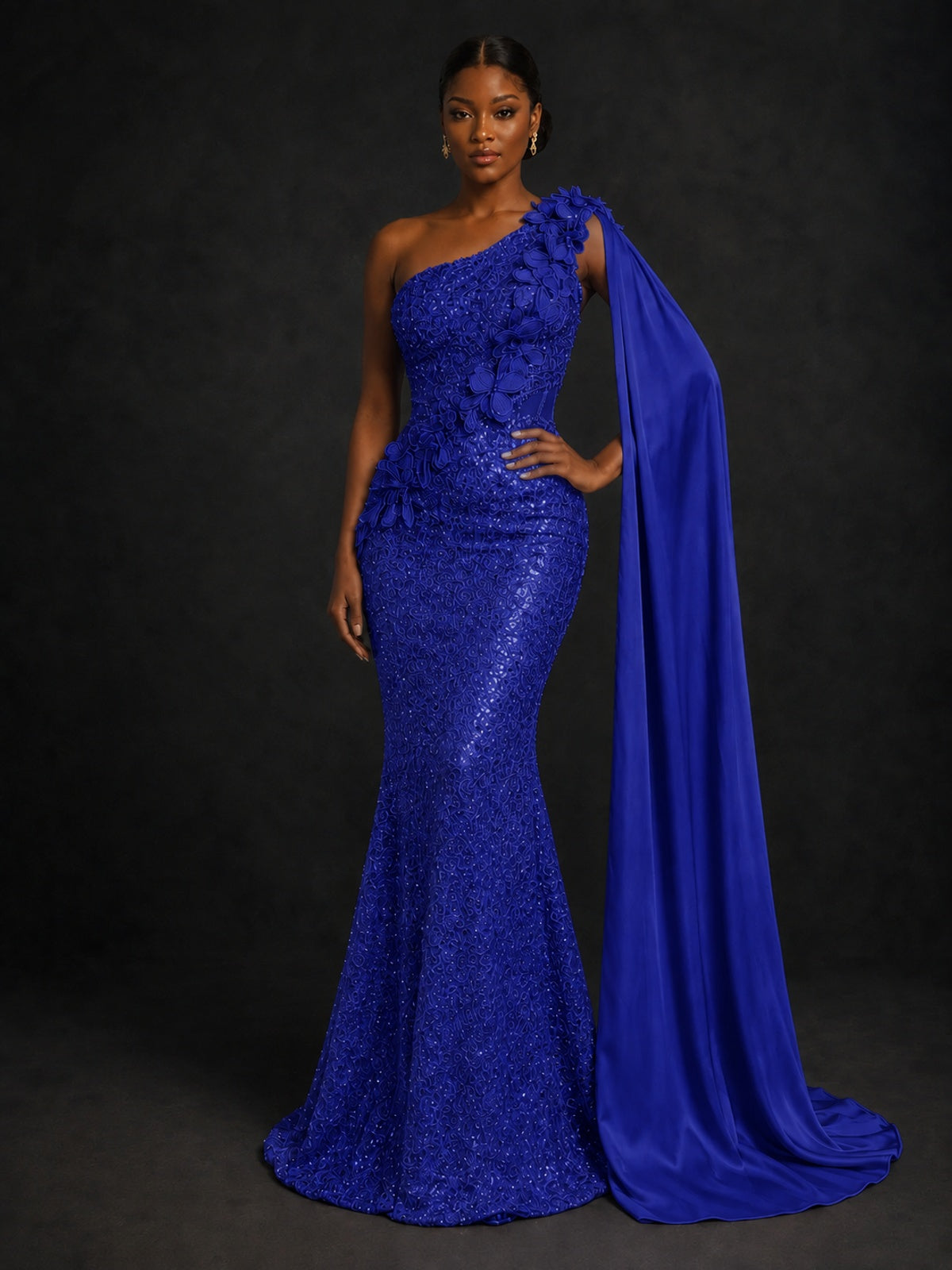 Gold Sequin One Shoulder Mermaid Prom Dress with Cape