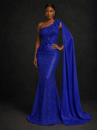 Gold Sequin One Shoulder Mermaid Prom Dress with Cape