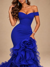 Dusty Blue Off-the-Shoulder Mermaid Prom Dress with 3D Rose & Ruffles
