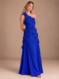 Sage Green One Shoulder Satin Formal Maxi Dress with 3D Floral