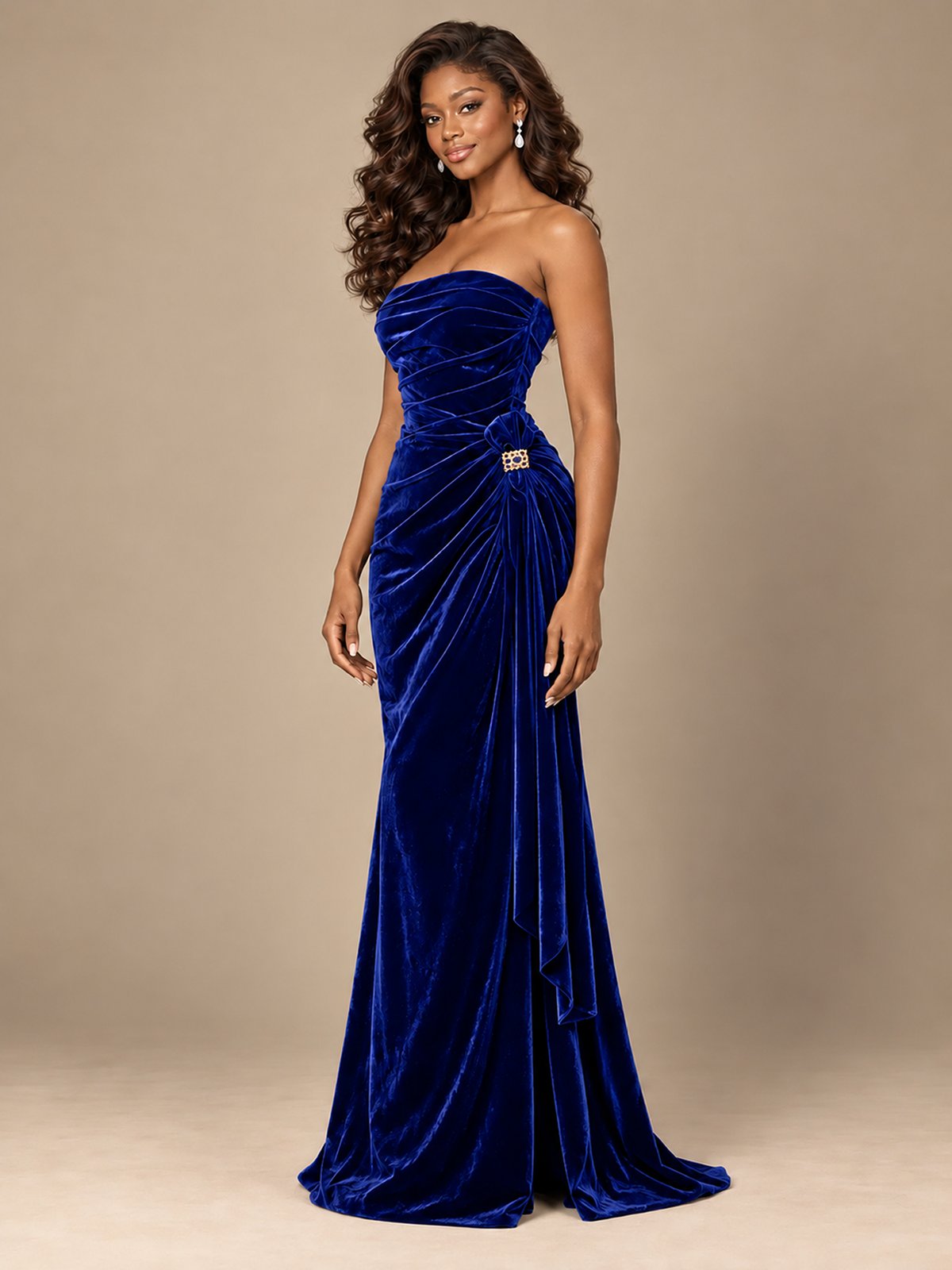 Burgundy Velvet Strapless Ruched Prom Dress with Jeweled Side Drape