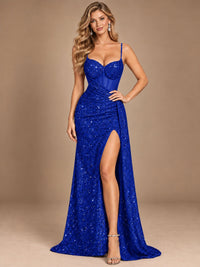 Burgundy Sequin Corset Prom Dress with High Slit