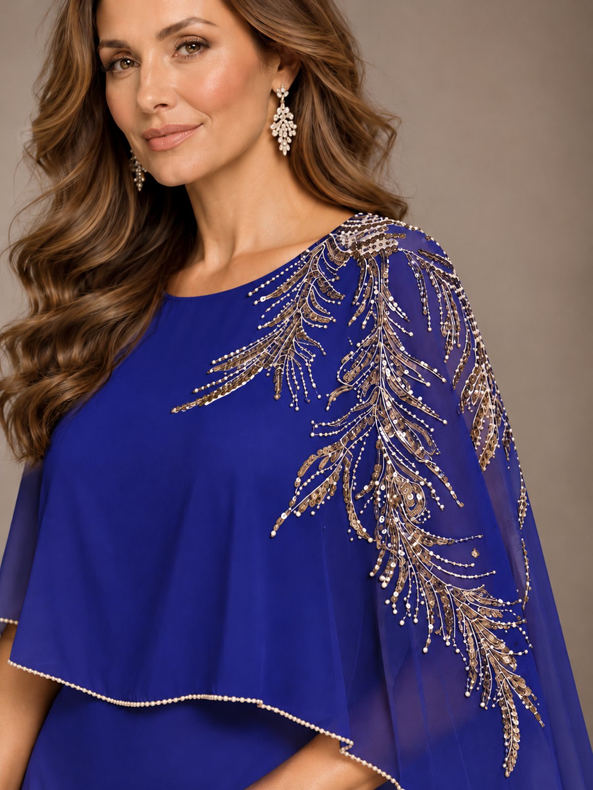 Elegant Chiffon Cape Sleeve Beaded Mother of the Bride Dress