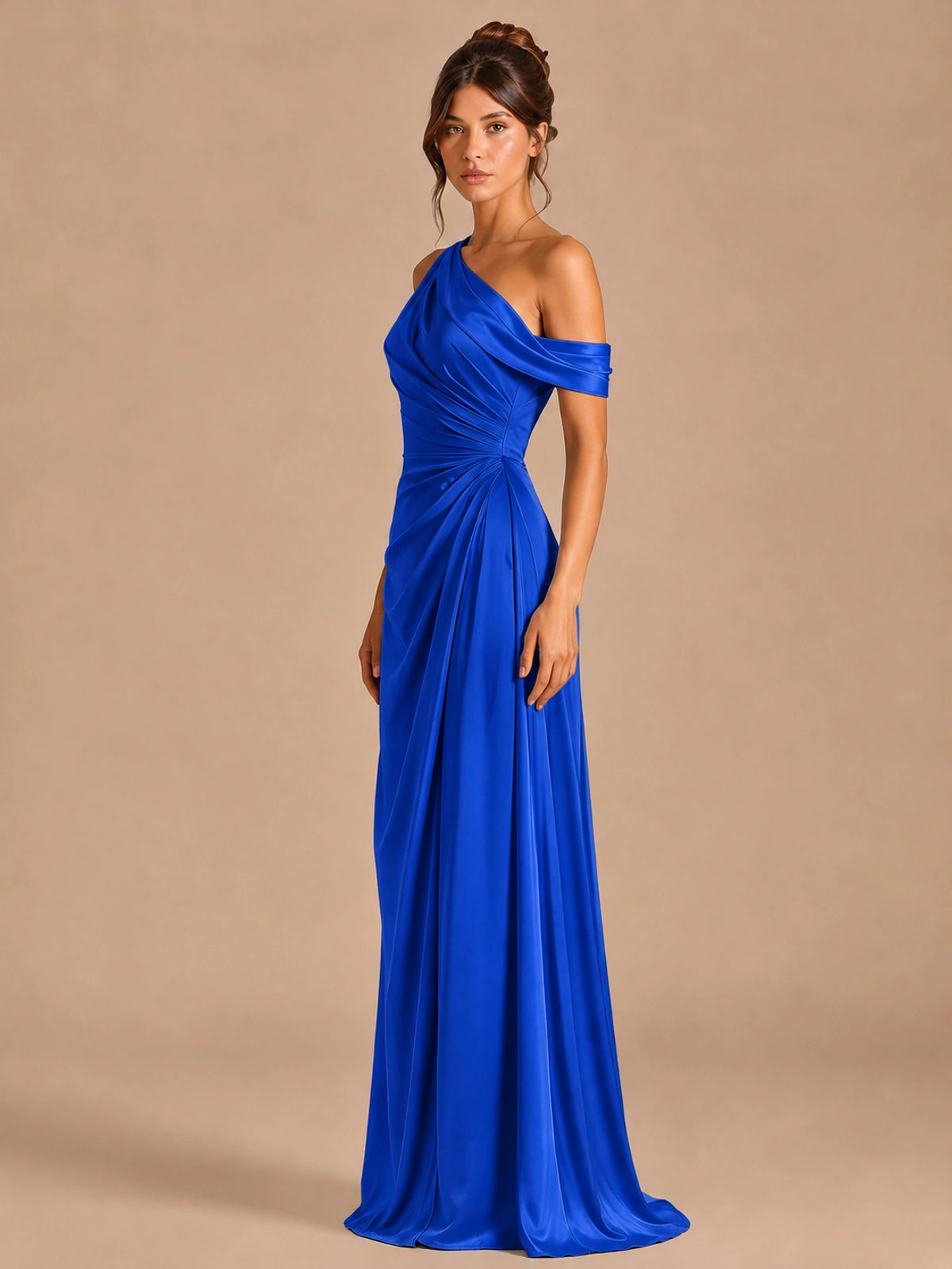 Satin One Shoulder Prom Dress Ruched Long Formal Evening Gown