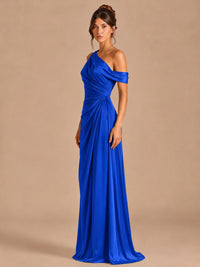 Satin One Shoulder Prom Dress Ruched Long Formal Evening Gown