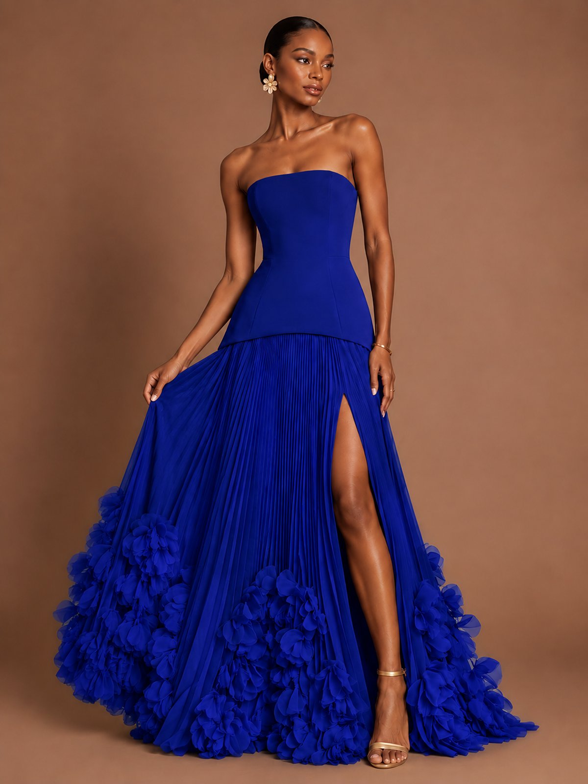 Strapless Pleated Floral Satin Formal Dress with Side Slit