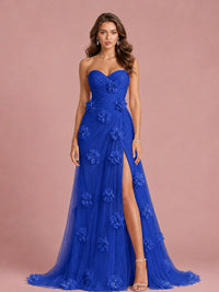 3D Floral Applique Strapless Tulle Prom Dress with High Slit
