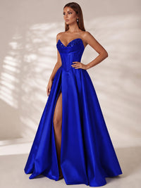 Strapless Corset Satin Prom Dress Long Evening Gown with High Slit