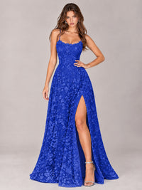 Floral Lace A-Line Prom Dress with Spaghetti Straps & High Slit