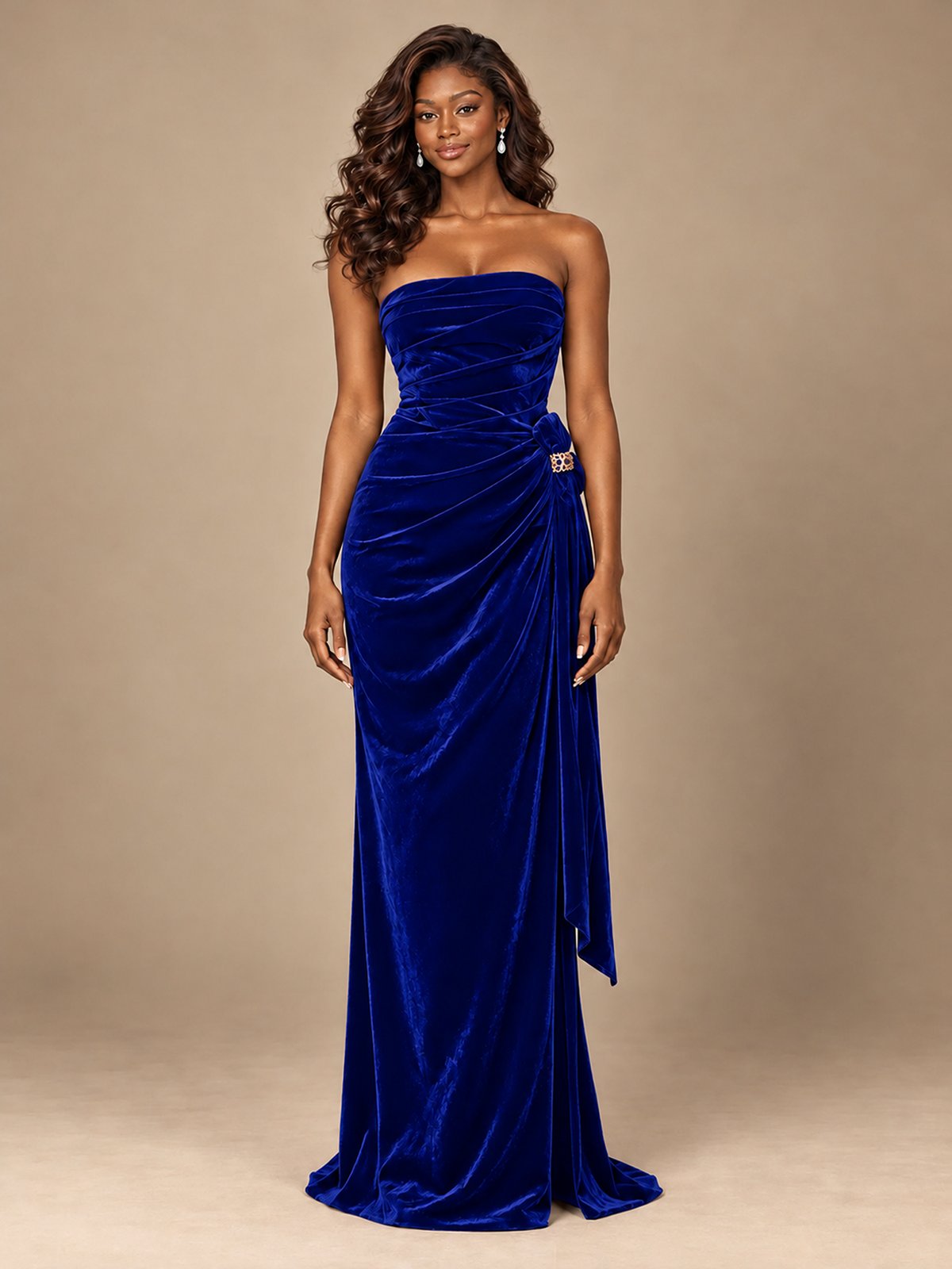 Burgundy Velvet Strapless Ruched Prom Dress with Jeweled Side Drape