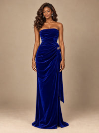 Burgundy Velvet Strapless Ruched Prom Dress with Jeweled Side Drape