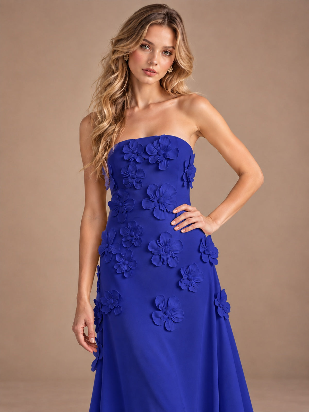 Yellow Strapless A-line Satin Maxi Dress with 3D Floral