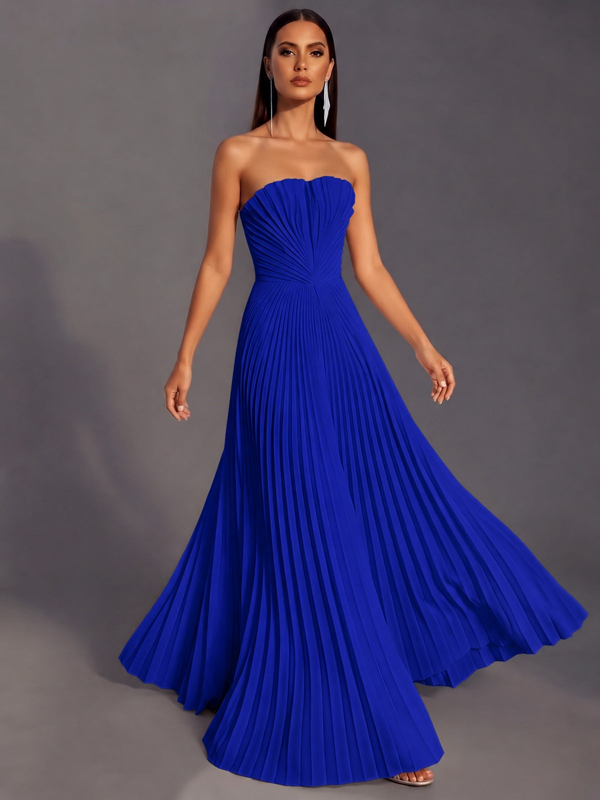 Strapless A-line Long Pleated Satin Prom Dress