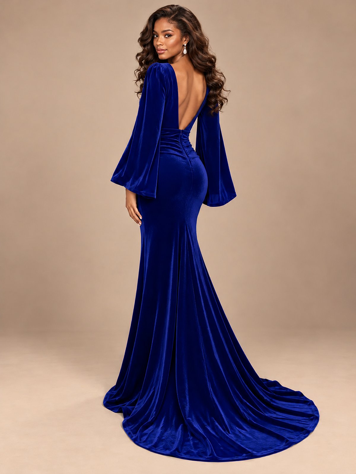 Burgundy Velvet Deep V-Neck Ruched Long Sleeve Maxi Dress