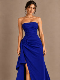 Black and White Strapless Ruched Prom Dress with High Slit & Side Drape