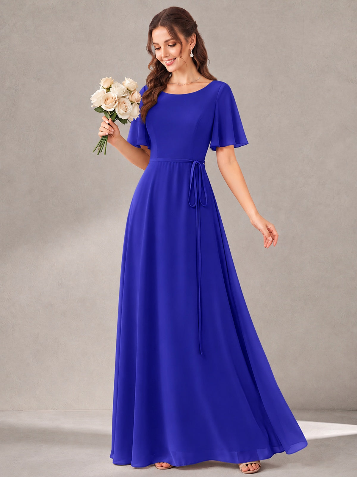 Scoop Neck A-line Chiffon Bridesmaid Dress with Flutter Sleeve & Belt