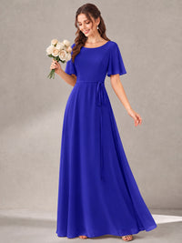 Scoop Neck A-line Chiffon Bridesmaid Dress with Flutter Sleeve & Belt