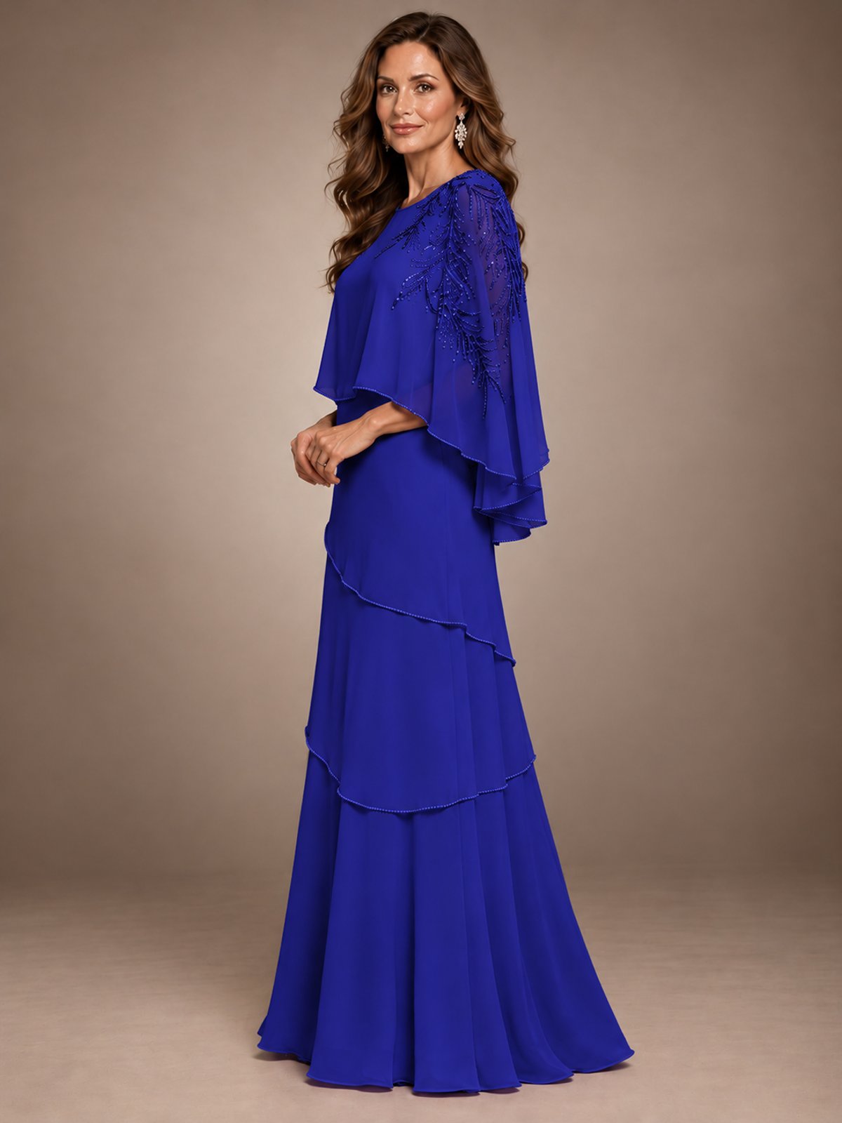 Elegant Chiffon Cape Sleeve Beaded Mother of the Bride Dress