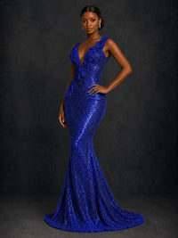 Gold Sequin Floral Applique Mermaid Prom Dress