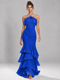 Halter Tiered Mermaid Prom Dress with Sparkly Lace
