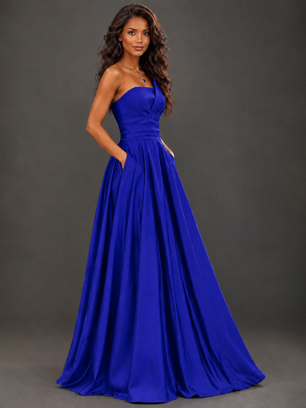 Draped Satin Prom Dress Strapless A-line Formal Dress Floor Length