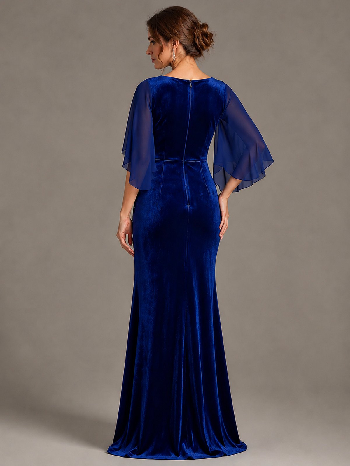 Navy Blue Velvet V Neck Mermaid Formal Dress with Flutter Cape Sleeves