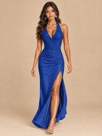 Halter V-Neck Sequin Mermaid Prom Dress with High Slit