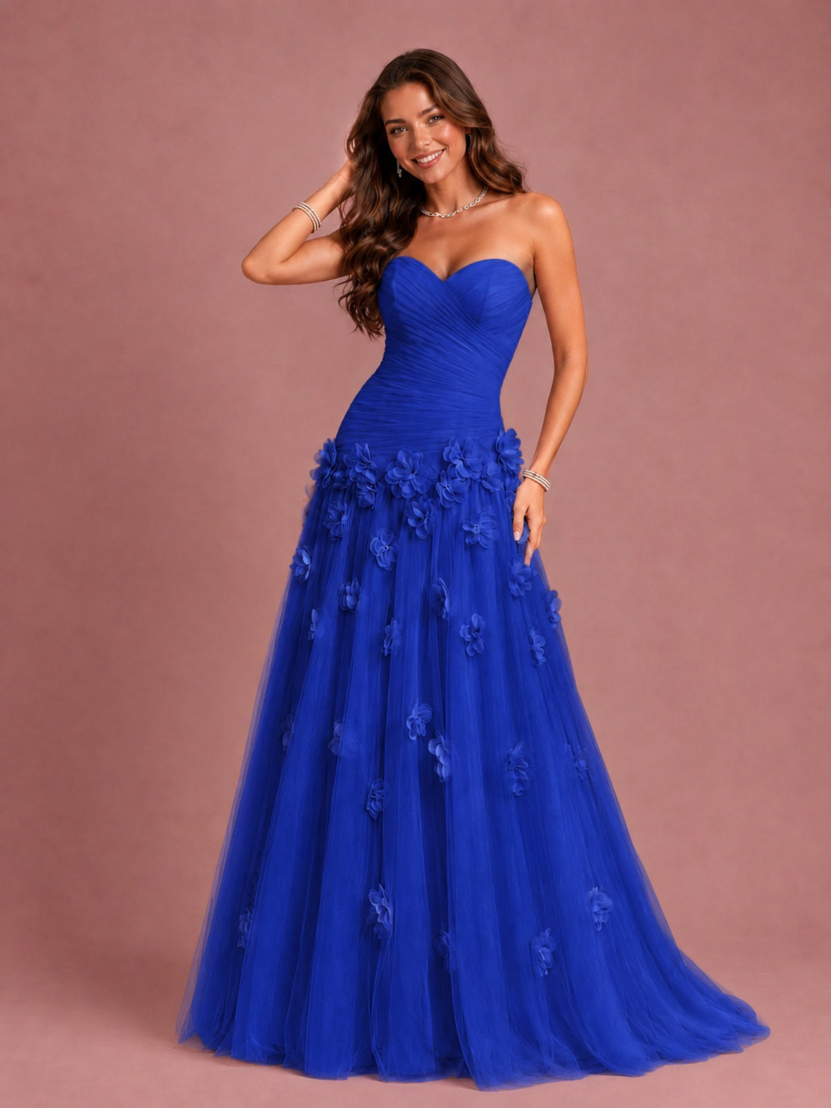 Blush Pink Strapless Sweetheart 3D Floral Tulle Ball Gown Prom Dres
