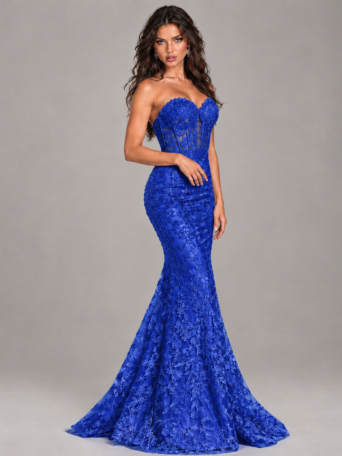 Strapless Corset Mermaid Prom Dress Lace Appliqué Formal Gown
