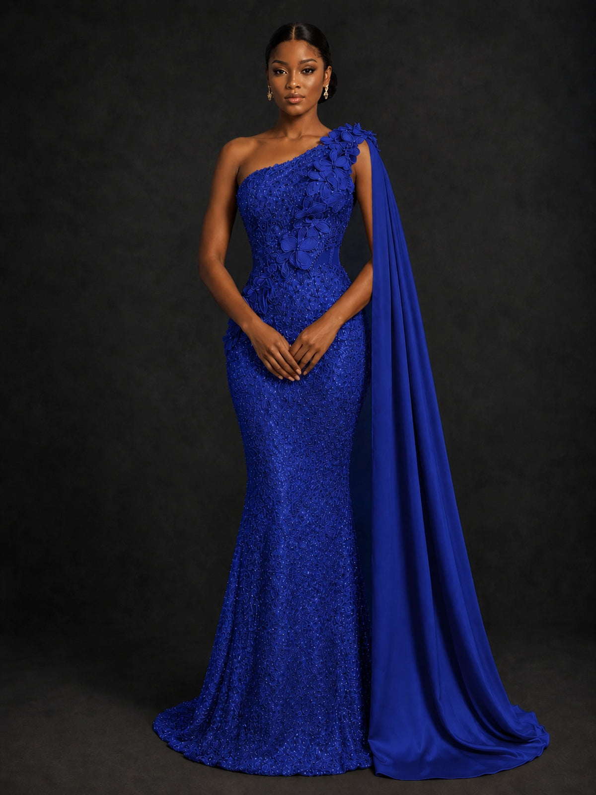 Gold Sequin One Shoulder Mermaid Prom Dress with Cape