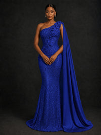 Gold Sequin One Shoulder Mermaid Prom Dress with Cape