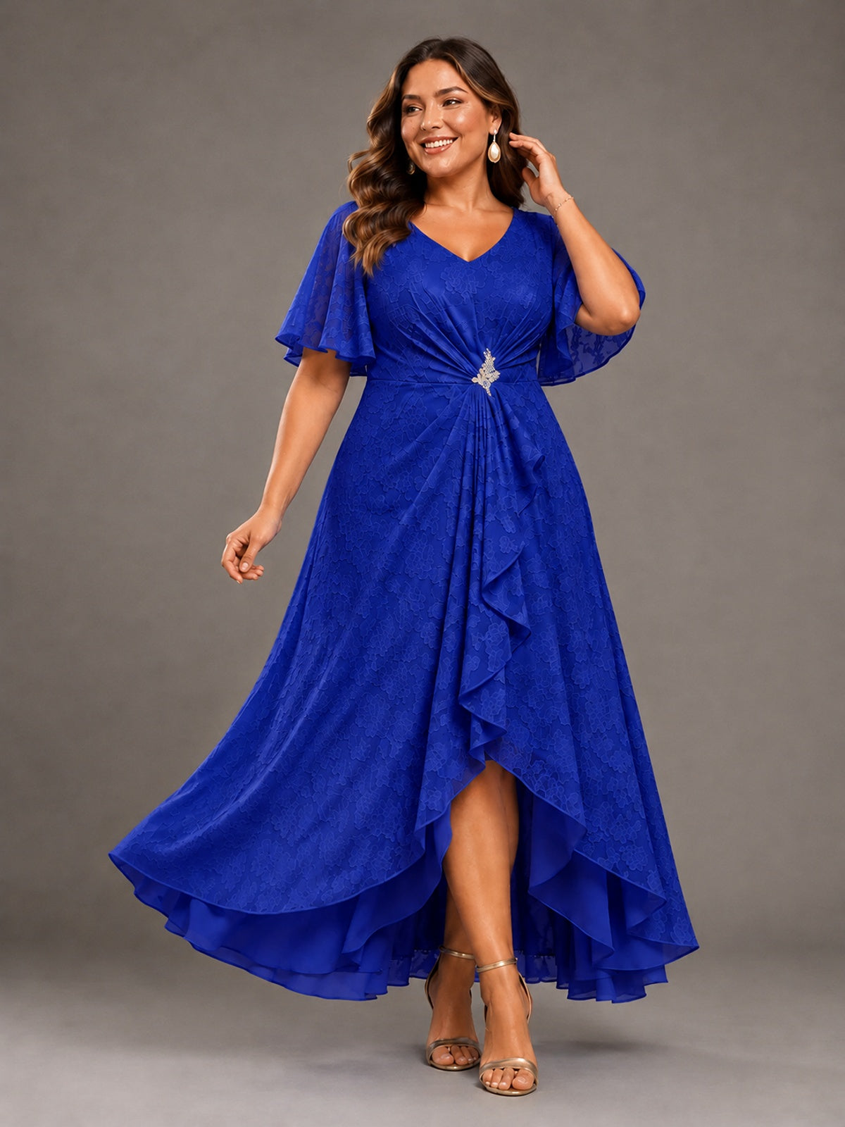 Jacquard Chiffon A-Line V-Neck High-Low Mother of the Bride Dress