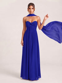 Strapless Ruched Chiffon Long Prom Dress with Scarf