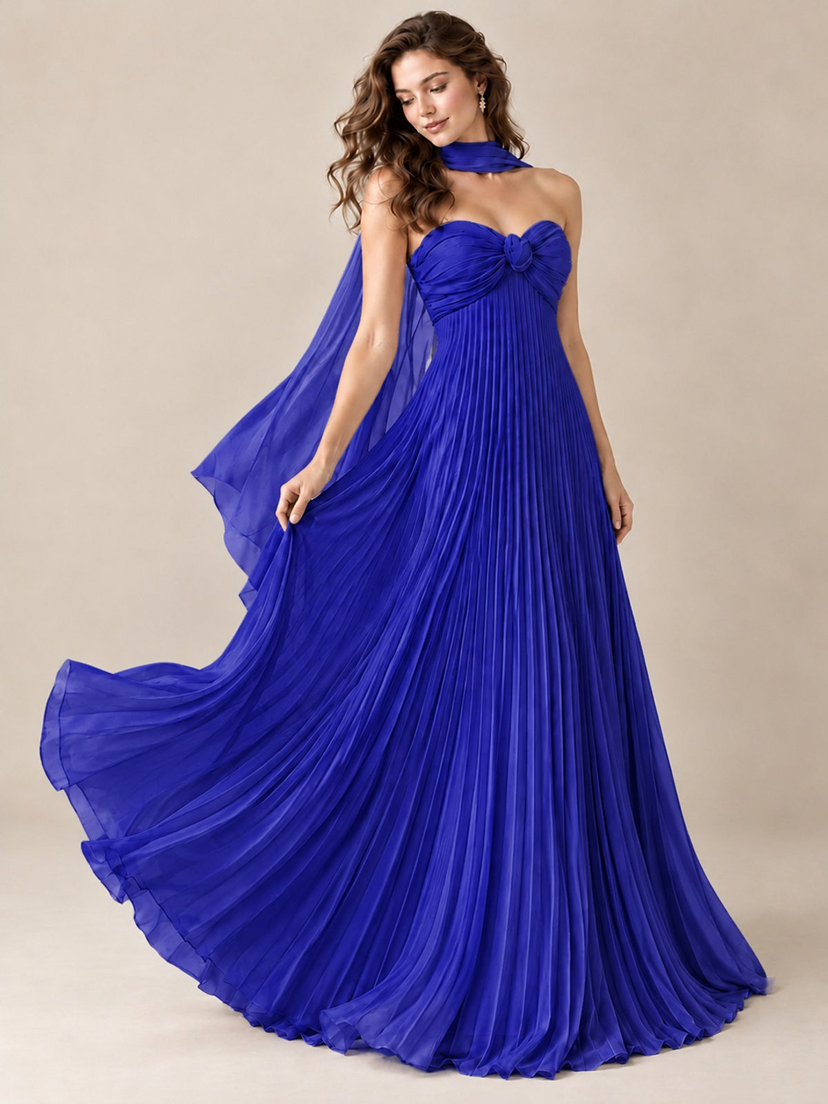Sweetheart Neckline Pleated Prom Dress Strapless A-line Formal Dress with Flowy Scarf