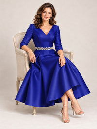 V-Neck Tea-Length Mother of the Bride Dress with Embellished Waist