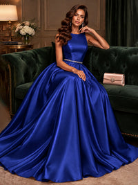 Satin A-Line Prom Dress Sleeveless Beaded Waist Formal Gown with Pockets