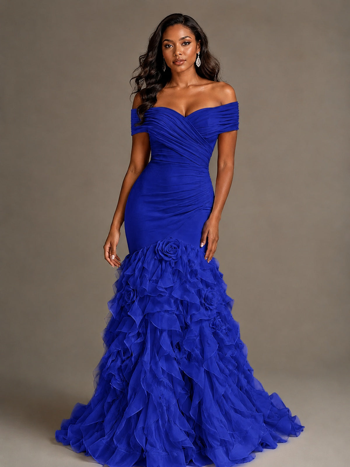 Pink Off-the-Shoulder Mermaid Prom Dress with Ruffles 3D Flowers