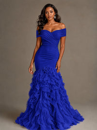 Pink Off-the-Shoulder Mermaid Prom Dress with Ruffles 3D Flowers