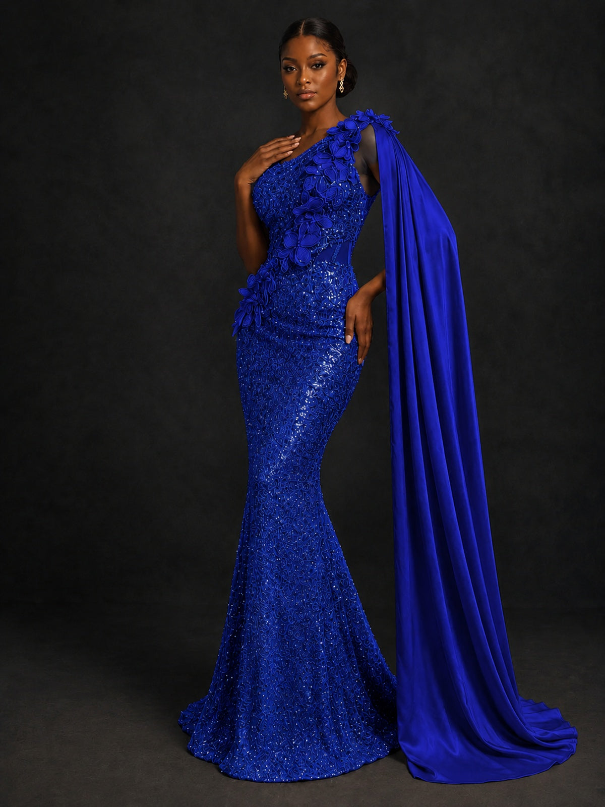 Gold Sequin One Shoulder Mermaid Prom Dress with Cape