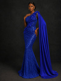 Gold Sequin One Shoulder Mermaid Prom Dress with Cape