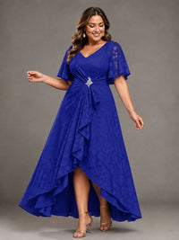 Jacquard Chiffon A-Line V-Neck High-Low Mother of the Bride Dress