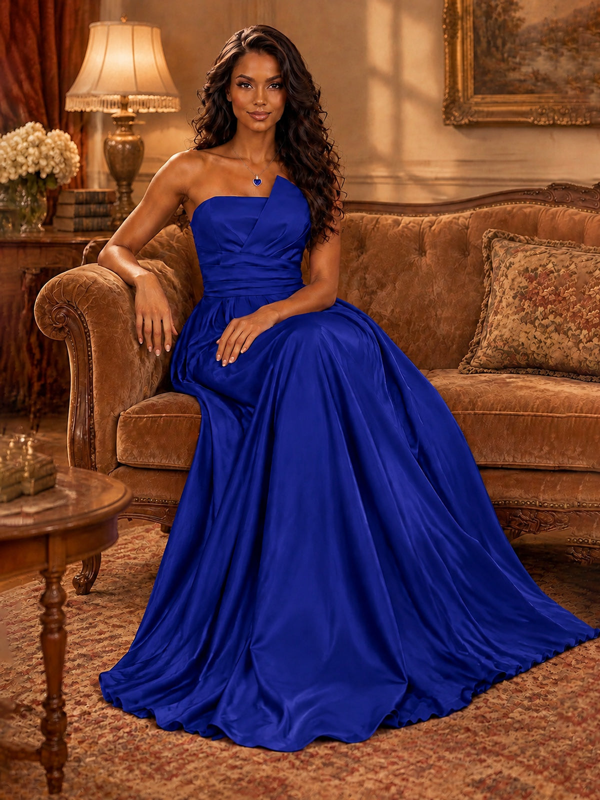 Draped Satin Prom Dress Strapless A-line Formal Dress Floor Length